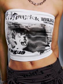 SHEIN Unity Stylish Personalized Letter Print Fitted Cropped Bandeau Top - Black and White - View 4