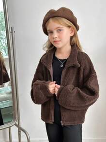 Tween Girls' Casual Relaxed Comfy Soft Warm Hooded Fuzzy Jacket With Hand Mittens - Brown - View 4
