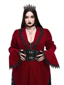 Whyspr Goth Punk Dark Punk Gothic Style Red Splice Black Lace Trim Vintage Elegant Jacket Fall Cloth For Women - Red - View 5