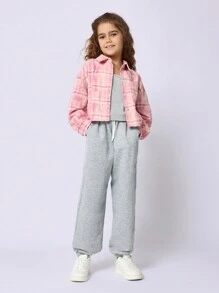 SUMWON Tween Girls Rib Tank Top, Jogger And Pink Check Shirt With Chicago Graphic Print 3 Piece Set