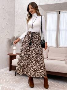 EMERY ROSE Women Tie Front Fringe Detail Leopard Print A-Line Casual Skirt - Brown - View 5