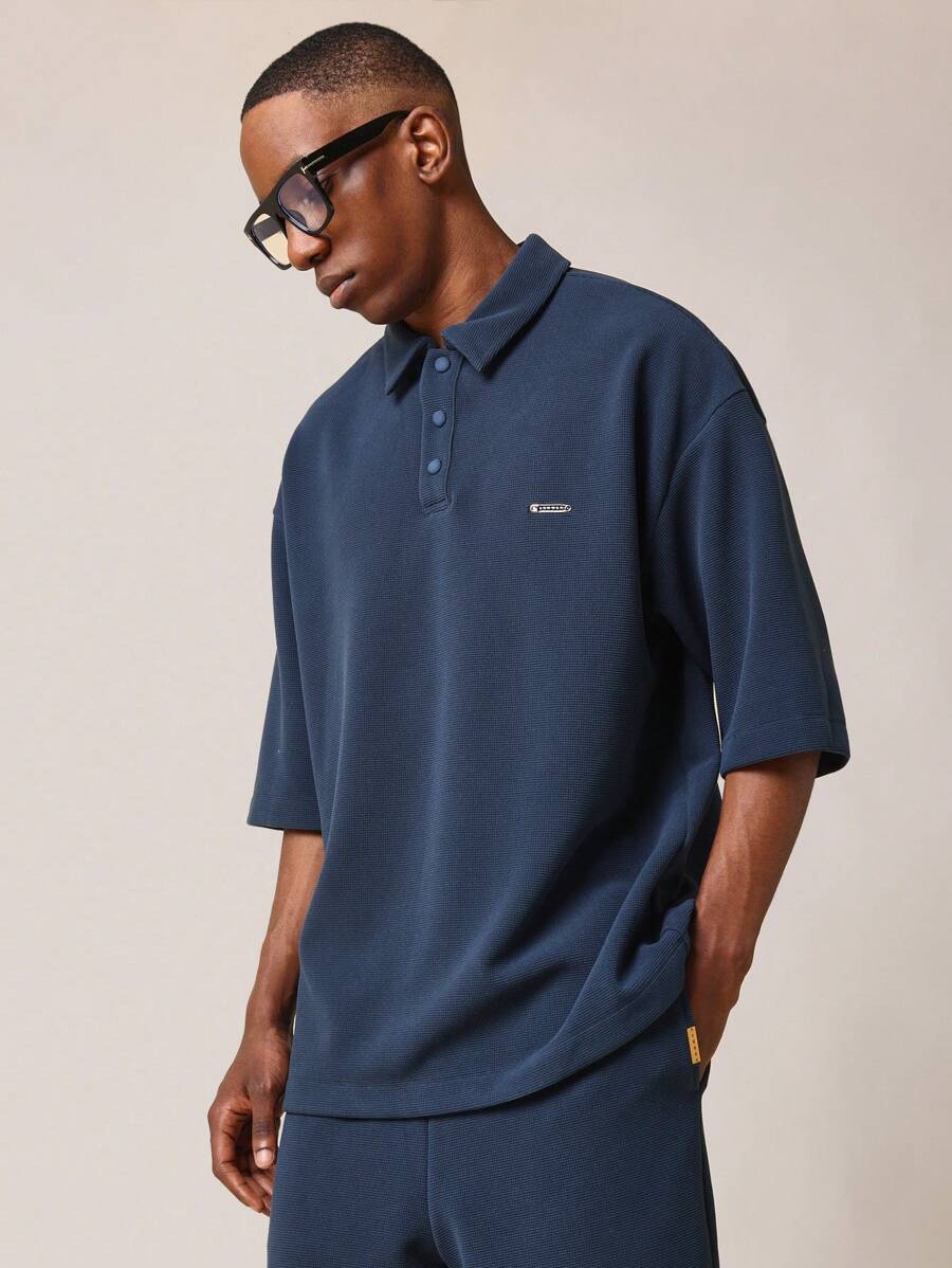 SUMWON Áo thun polo Essential Waffle siêu cao cấp vừa vặn thông thường - Màu xanh lam - Xem 1