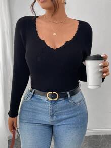 SHEIN Frenchy Pull ample à encolure en V de base noir, design minimaliste casual, grande taille, automne/hiver - Noir - Voir 6
