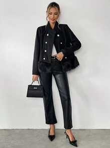 SHEIN Clasi 女士优雅拼布羽毛流苏下摆夹克 - 黑色 - 查看 5