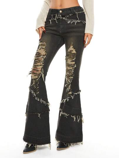 Grunge Punk Jeans évasés rétro avec ourlet déchiré et brut, pour femmes, automne/hiver