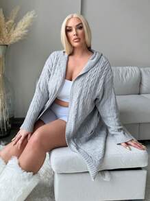 SHEIN SXY Cárdigan de punto de cable de manga larga con capucha y cremallera, de unicolor, talla grande, para otoño/invierno