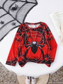 Baby Boys Casual Simple Spider Texture Round Neck Long Sleeve T-Shirt, Suitable For Autumn - Red - View 1