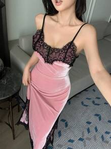 DAZY 1pc Velvet Patchwork Contrast Lace Bodycon Slip Dress Pajama - Pink - View 6