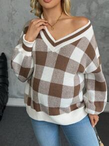 SHEIN Áo len bà bầu kẻ sọc cổ chữ V, phong cách đại học, cho mùa đông - Cà phê nâu - Xem 1