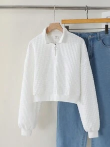 SHEIN Girlism Áo nỉ ngắn có khóa kéo cổ đứng dệt kim màu trắng trơn thường ngày dành cho bé gái tuổi teen - trắng - Xem 9