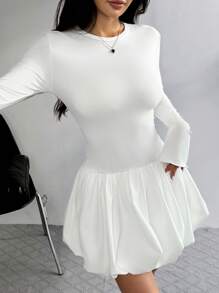 SHEIN EZwear Women's Trumpet Sleeves Bubble Mini Dress - White - View 5