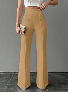 EURMUSE Women High Waist Solid Color Toothpick Striped Design Elegant Flare Pants - Camel - View 3