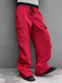 Manfinity Roghcode Men's Simple Front Tie Pocket Design Loose Waisted Casual Long Pants - Red - View 6