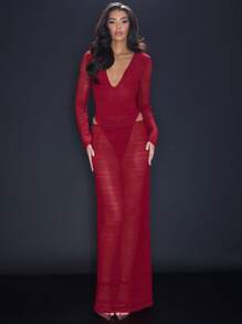 MUSERA Ruched Long Sleeve Plunge Bodysuit Sexy Sexy Club Spring Summer Vacation Elegant - Silver - View 4