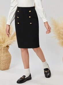 SHEIN Leap Crew Minifalda de cintura alta, de ajuste ceñido y unicolor con doble botón, estilo universitario para niñas preadolescentes - Negro - Ver 4