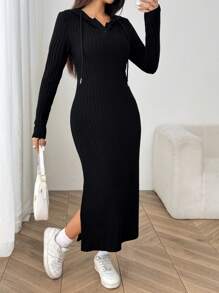 SHEIN EZwear Black Ribbed Drawstring Women's Midi Bodycon Dress