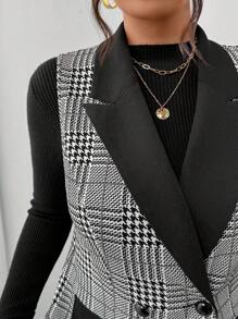 SHEIN Frenchy Bộ đồ vest nữ cổ đứng họa tiết Houndstooth cỡ lớn, không tay và quần dài, mặc đi làm thường ngày, mùa thu, trang phục đi nhà thờ - Đen và trắng - Xem 5