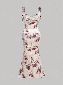 SHEIN MOD 大码复古天鹅绒花卉印花、领结蕾丝装饰鱼尾下摆连衣裙 - 彩色 - 查看 2