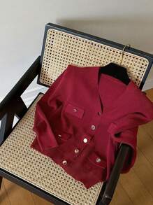 DAZY V-Neck Short Burgundy Cardigan For Christmas ,Holiday,Fall Clothes