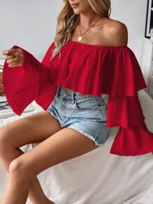 Breezaya 1 pieza Blusa de mujer con hombros descubiertos, cuello con volantes y manga larga para ropa de Año Nuevo, ropa de otoño para mujeres - Rojo - Ver 5