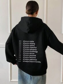 DAZY Áo nỉ có mũ trùm đầu dáng rộng in chữ đơn giản cho nữ, màu đen, thu đông - màu đen - Xem 5