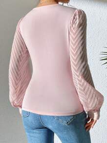 SHEIN LUNE 女士休闲优雅撞色网眼 V 领修身衬衫，秋季 - 粉色 - 查看 2