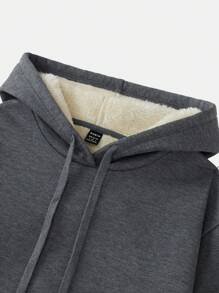 SHEIN EZwear 女士宽松休闲灰色连帽衫，带口袋，保暖厚实，适合秋冬季，长袖上衣 - 灰色 - 查看 3