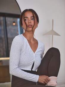 Musera Sport Top ample en jersey à col V, boutonné, manches longues, épaulé, pour Pilates, Yoga, Padel, Tennis, Pickleball