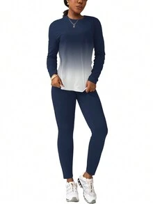 Autumn Sports Gradient Color Long Sleeve Top And Solid Color Long Pants Set - Navy Blue - View 3