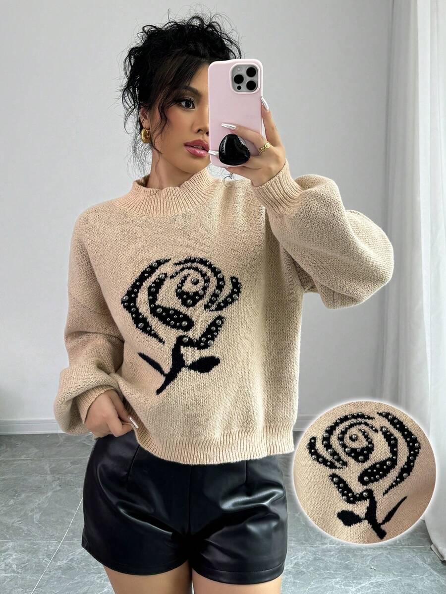 SHEIN LUNE Women's Rose Beaded Mock Neck Long Sleeve Pullover Sweater Knit Pullover Fall Winter - Khaki - View 1