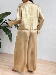Celure 2pcs Plus Size Metallic Loose Blouse Top & Wide Leg Pleated Pants Set For New Year Holiday Party Clothes