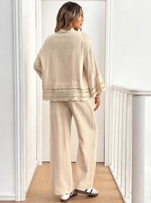 SHEIN Frenchy 2 件女士休闲单扣长袖 100% 纯棉衬衫和裤子套装，宽松版型，秋冬女装两件套秋季套装棕色套装女士秋季套装女士服装套装 - 杏色 - 查看 2