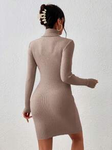 SHEIN Frenchy 高领开衩下摆毛衣修身黑色粒纹连衣裙，红色圣诞连衣裙，圣诞服装，圣诞上衣，秋冬节日服装 - 咖啡棕 - 查看 2