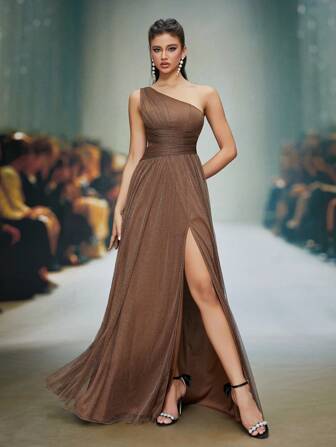 Asymmetrical One Shoulder Pleated Bust & Hollow Waist High Split A-Line Mesh Dress, Bridesmaid Dress