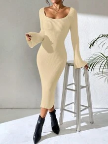 SHEIN Unity 法式时尚百搭喇叭袖针织毛衣裙 - 杏色 - 查看 5