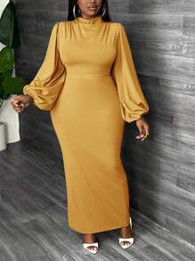Slaydiva Vestido elegante de manga larga farol azul de hombros rectos en talla grande, adecuado para verano y otoño