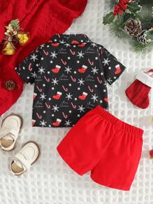 SHEIN Baby Boy Bowknot Decor Snowflake Print Short Sleeve Shirt & Shorts Casual Set, For Christmas - Red - View 2