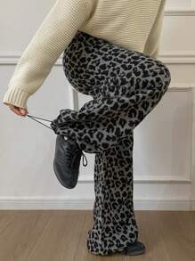 DAZY Pantalones sueltos con cintura con cordón y forro térmico con estampado de leopardo/guepardo, ropa de otoño para mujer