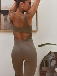 Musera Sport Open Back Flared Unitard Jumpsuit,Padel, Tennis, Pickleball Gym Fitness - Khaki - View 5