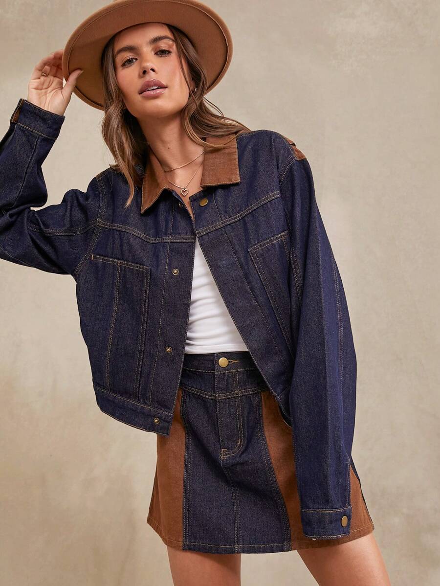 WESTFADE Premium Denim Western Two-Tone Cotton Denim Jacket - Dark Wash - View 1