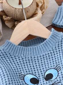Baby Boys Waffle Knit Sweater, Thick Soft Warm Wear, Cute Cat Embroidery Pattern, Includes Matching Hat, Suitable For Autumn/Winter Home, Travel, Party And Playing With Kids - Dusty Blue - View 5