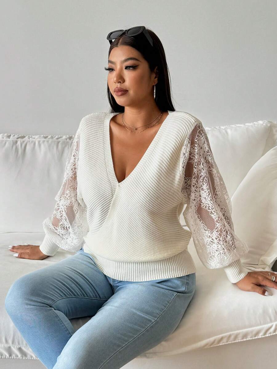 Flirla Pullover minimaliste à col ras-du-cou avec manches en dentelle, idéal pour le trajet, grande taille