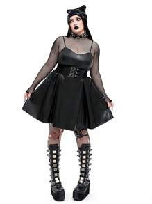 Flirla Váy da PU không tay có viền bèo nhún phong cách Gothic Punk cỡ lớn có thể điều chỉnh - màu đen - Xem 8