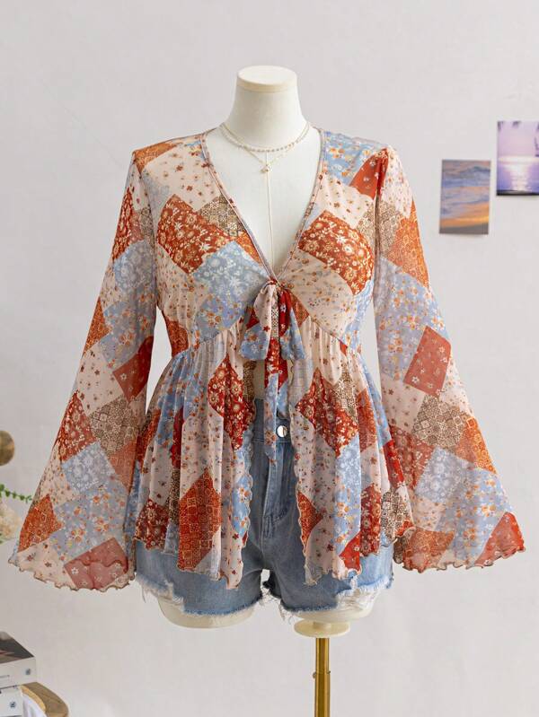 Soleia Blusa de talla grande para mujer con estampado floral retro vintage, tejido de malla con abertura frontal, cintura ajustada y mangas acampanadas