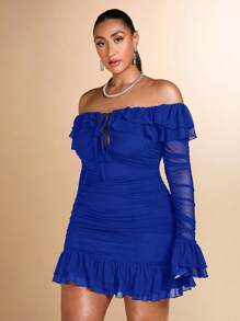 SHEIN BAE Plus Size Women's Romantic Sweet Sexy Ruffle Ruffle Hem Bodycon Mini Ruched Dress, Ideal For Dates And Parties - Royal Blue - View 6