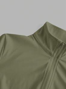 SHEIN EZwear Light Military Green Knit Women's Long Sleeve Zip-Up Jacket, Sun Protection In Fall/Winter