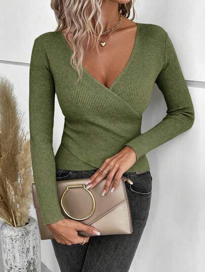 SHEIN Clasi Höst Casual Enfärgad Cross-Cross Wrap Fitted tröja, långärmade toppar