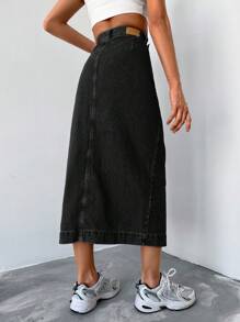 EURMUSE Button Front Split Thigh Denim Skirt - Black - View 2