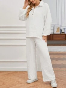 SHEIN 2 件套孕妇秋季纯色纽扣前垂肩长袖上衣和系带裤，休闲 - 白色 - 查看 5