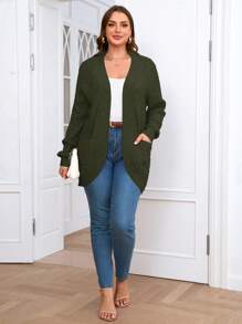 SHEIN Clasi Chaqueta de punto holgada informal con bolsillo de manga larga de unicolor para mujer talla grande, otoño/invierno - Verde militar - Ver 4